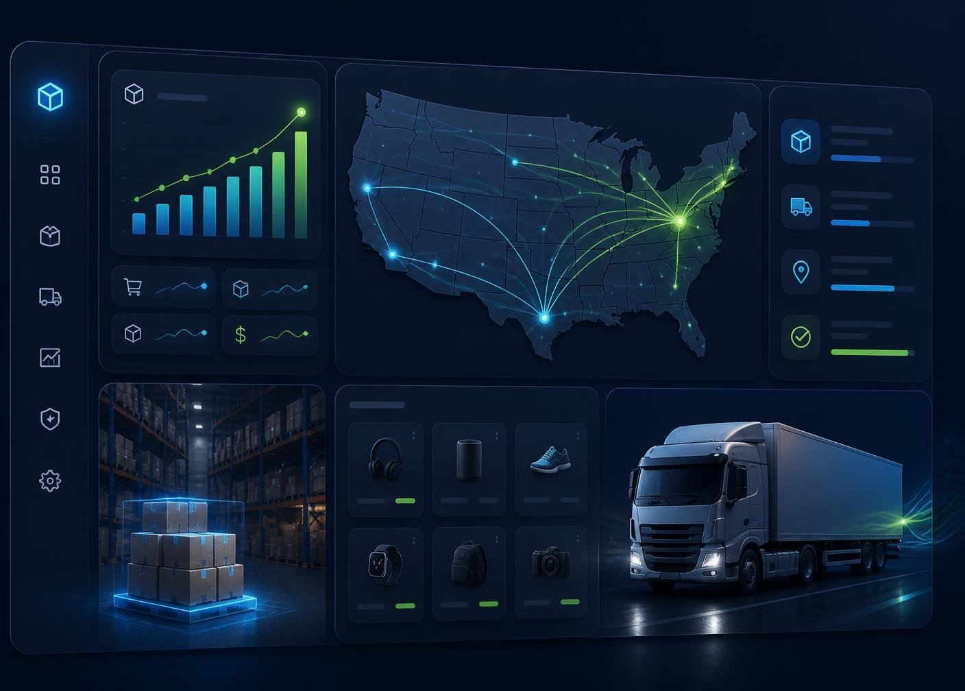 GoodGroceries Easy warehouse dashboard showing US shipping routes, live order analytics, and same-day fulfillment